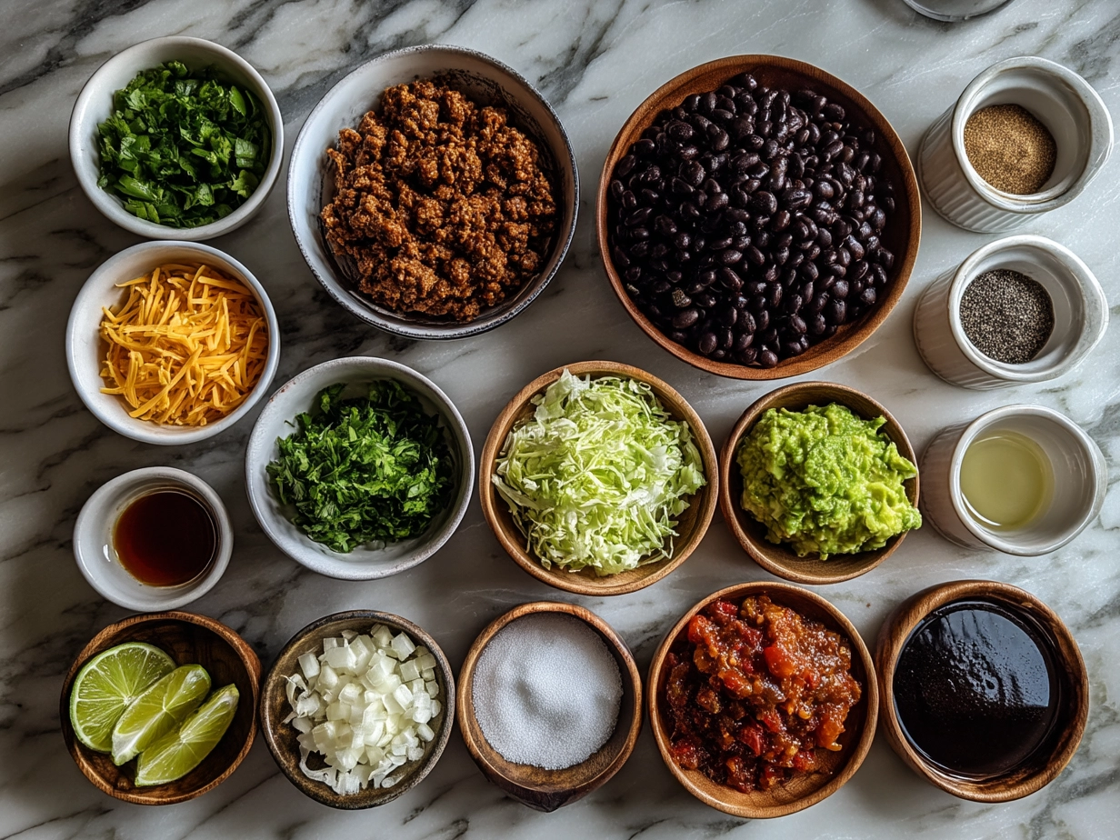 Top-down raw ingredients for Crispy Baked Ground Turkey Black Bean Tacos