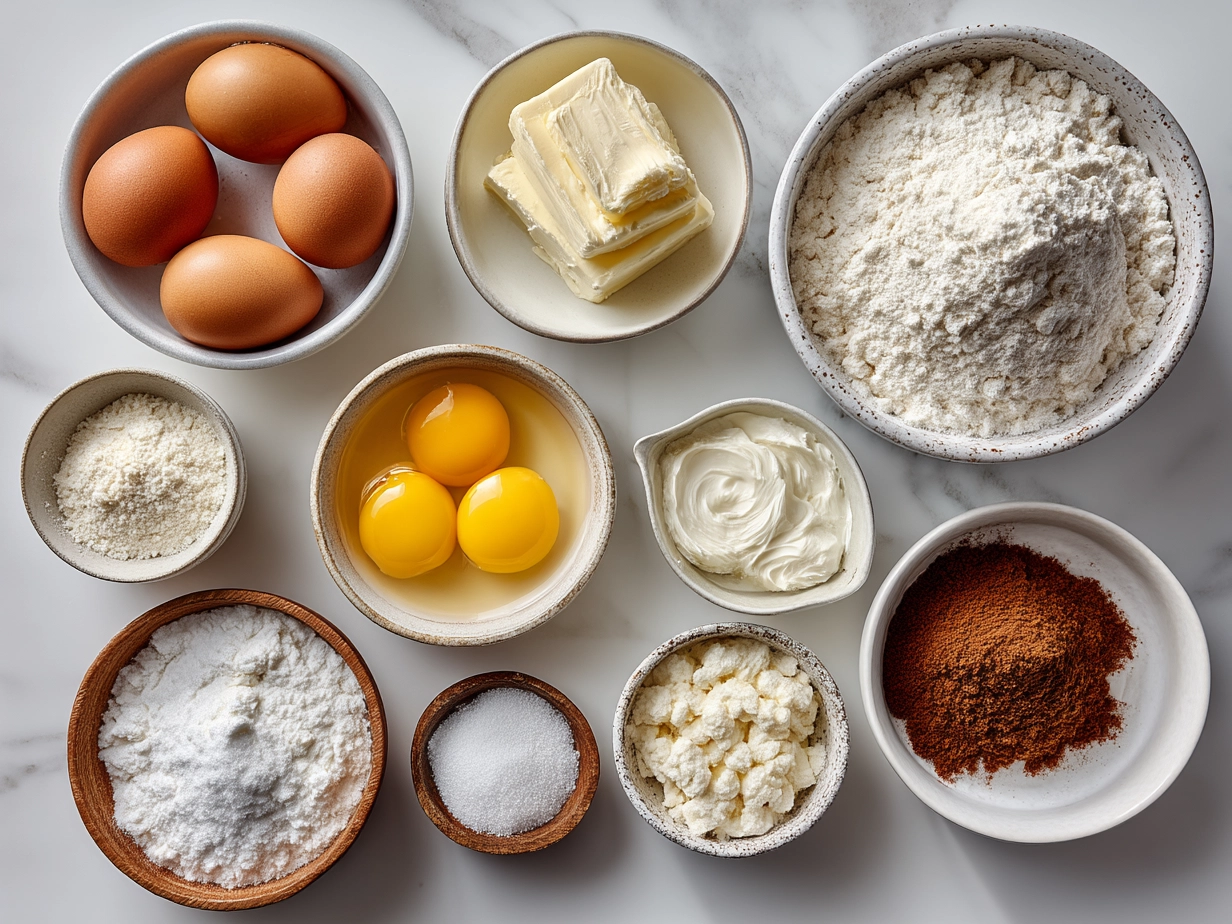 Top down view of raw ingredients for croissant breakfast casserole including croissants, eggs, cheese, sausage, and herbs