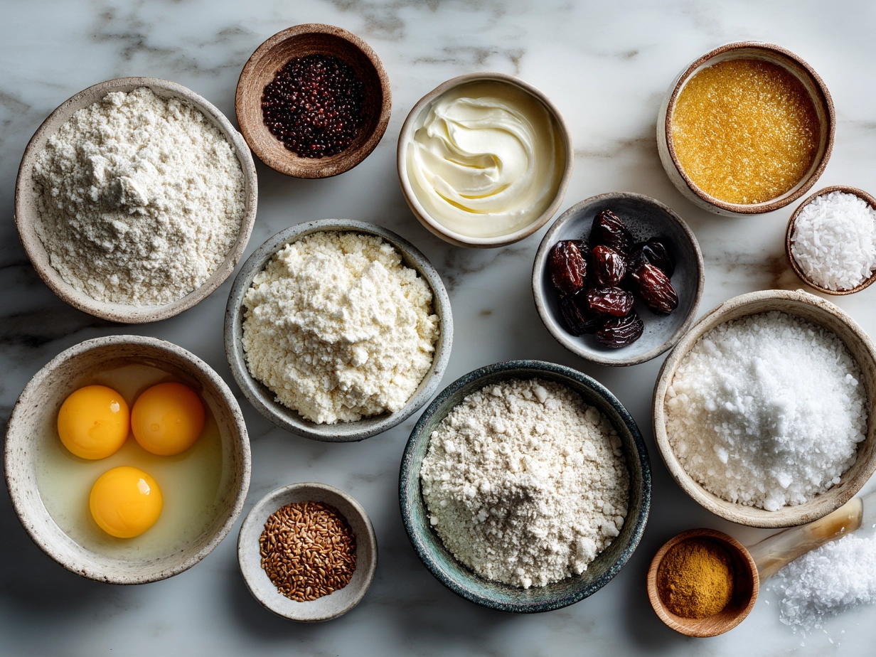 Ingredients for Flourless Yogurt Cake on marble countertop