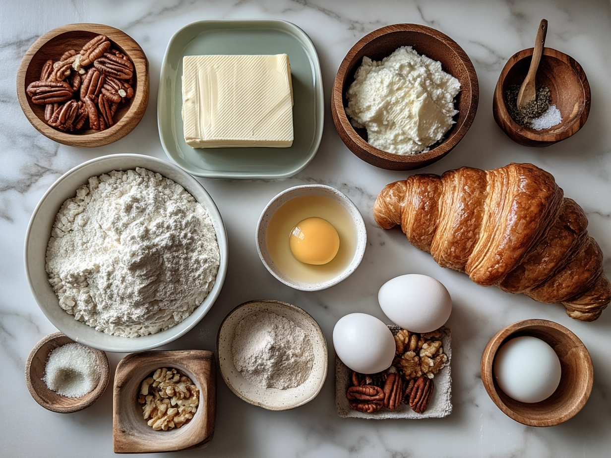 Top-down raw ingredients for French Croissant on marble surface