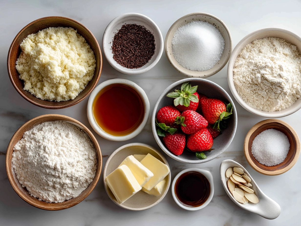 Top-down view of raw ingredients for Keto Strawberry Muffins with Almond Flour on marble surface