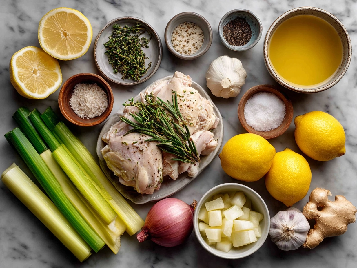 Raw ingredients for making Lemon Chicken Soup laid out on a table