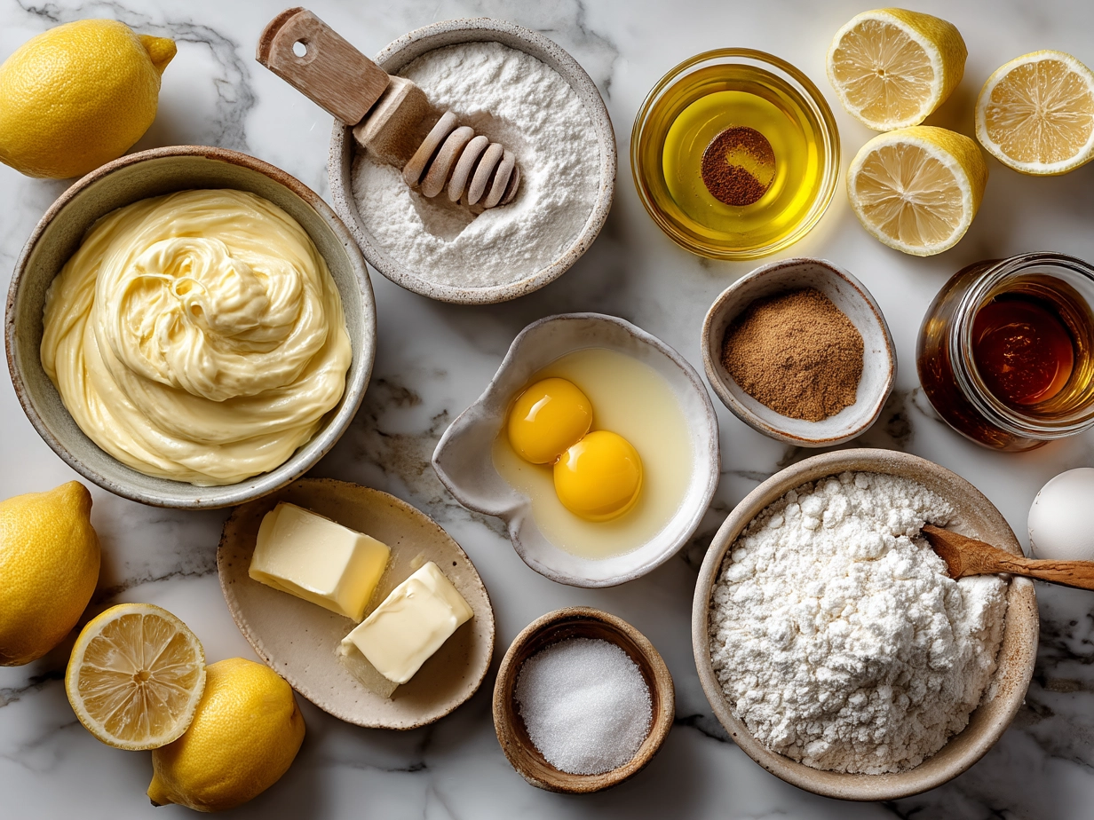 Top down view of raw ingredients for lemon custard cake including flour, eggs, sugar, lemons and butter