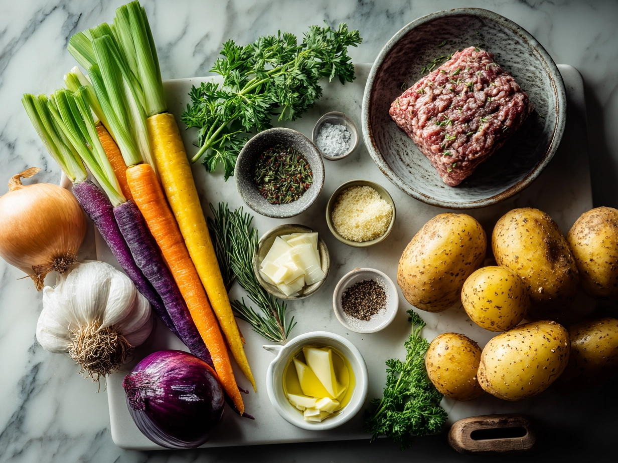 Top down view of raw ingredients for loaded potato meatloaf on marble surface