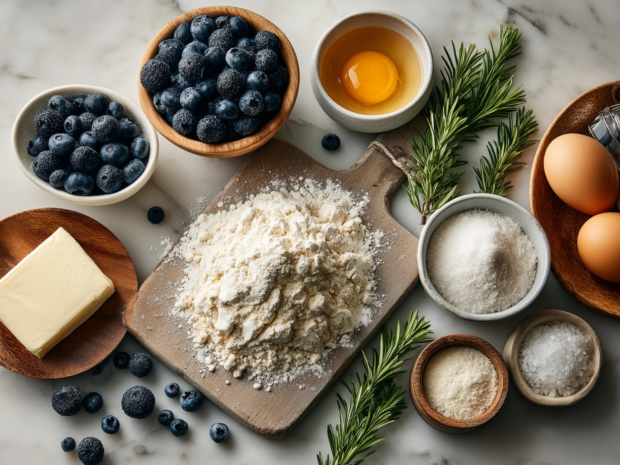 Top down view of raw ingredients for Maple Blueberry Sourdough Donut Holes on a marble surface
