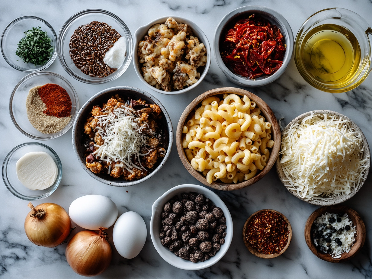 Top-down view of raw ingredients for One Pot Chili Mac and Cheese laid out on a marble surface