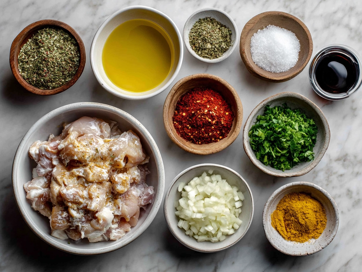Top-down view of raw ingredients for one pot low carb chicken enchilada skillet arranged on marble counter