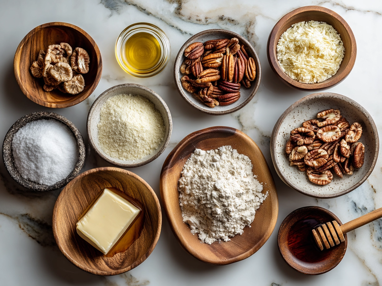 Top-down view of raw ingredients for pecan pie cookies on a marble counter with modern kitchen mise en place