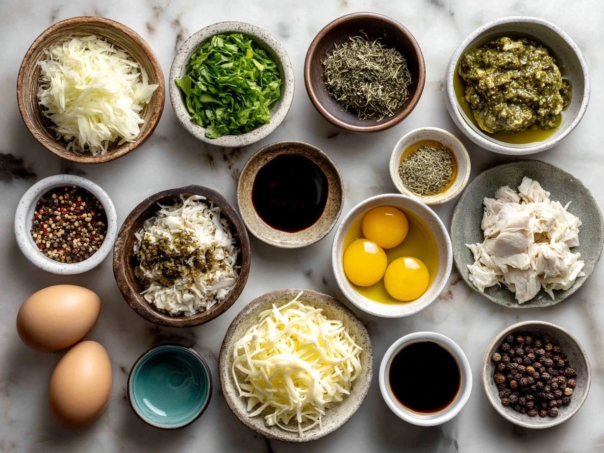 Top down raw ingredients for pesto chicken flatbread including flatbread, pesto, cooked chicken, mozzarella, cherry tomatoes, olive oil, and parmesan