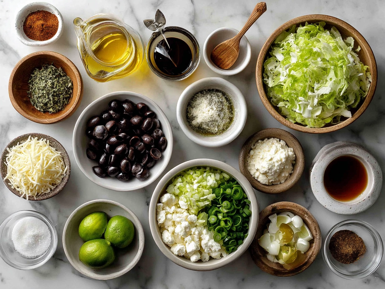 Raw ingredients for Ranch Taco Party Bowl laid out on a marble surface