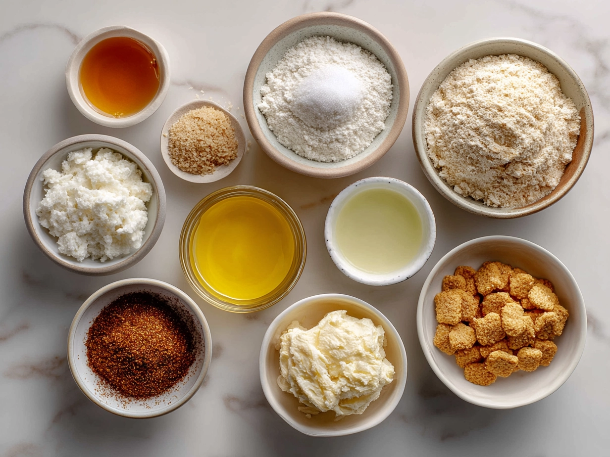 Raw ingredients laid out for making Ritz Crackers Party Sandwiches: Ritz crackers, cream cheese, ham, cheddar cheese, mayonnaise, mustard, chives, and seasoning.