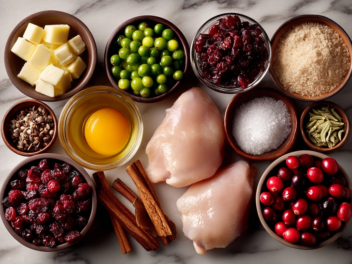 Top down view of raw ingredients for skillet cranberry orange chicken on marble surface with a modern kitchen mise en place.