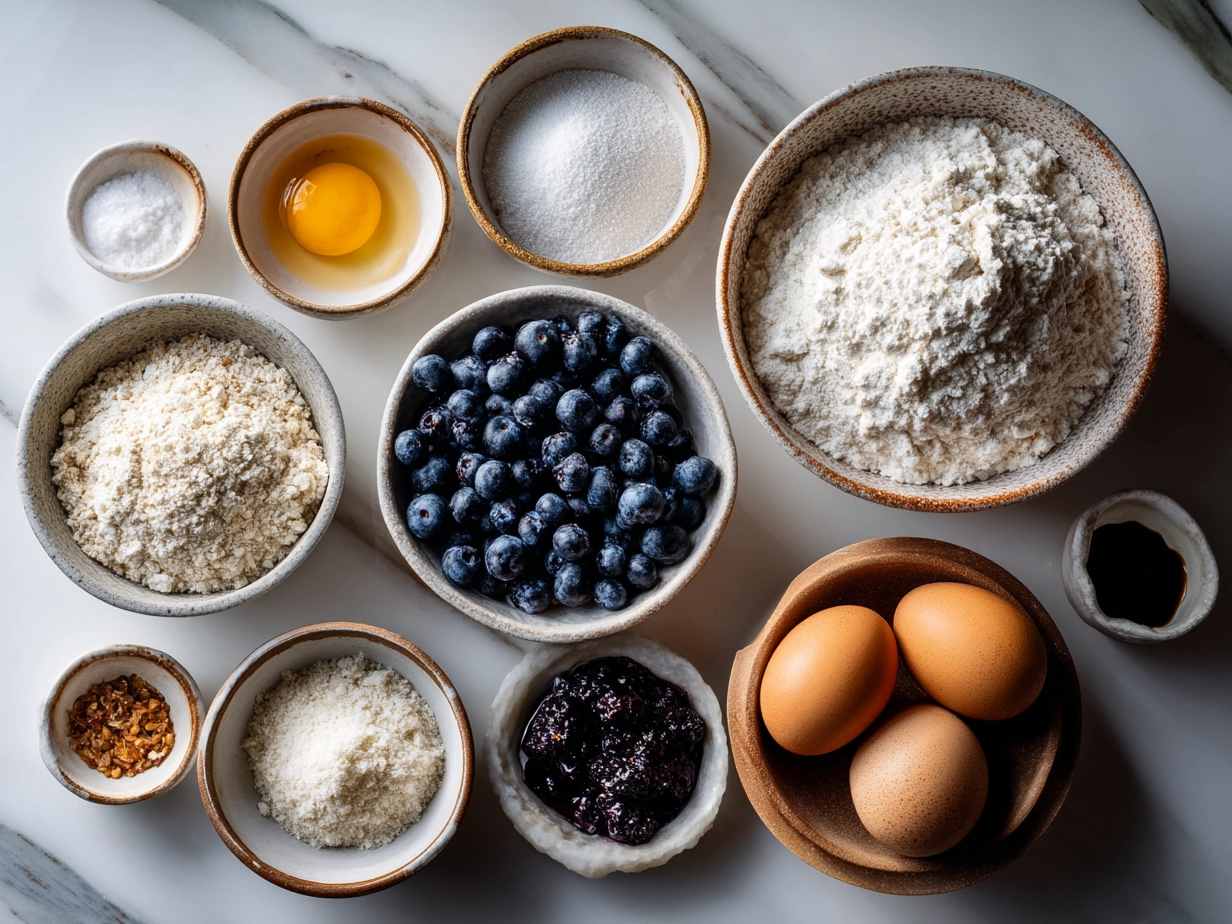 Raw ingredients for Sourdough Blueberry Breakfast Bars arranged neatly