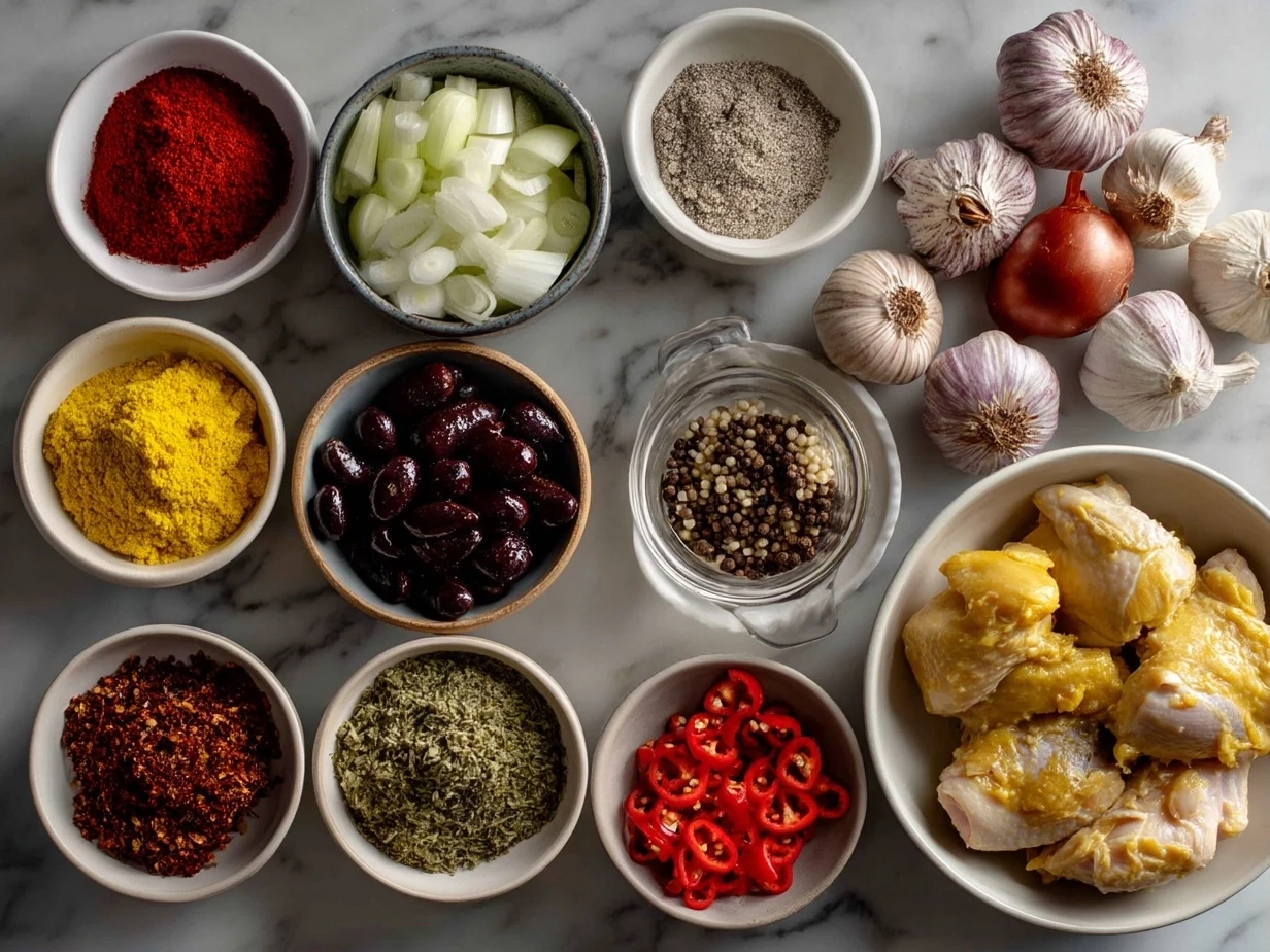 Top down view of raw ingredients for Spicy Nigerian Chicken Stew on marble countertop