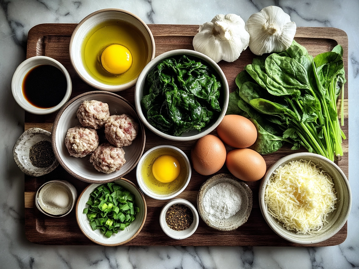 Top down view of raw ingredients for spinach garlic meatballs on marble surface