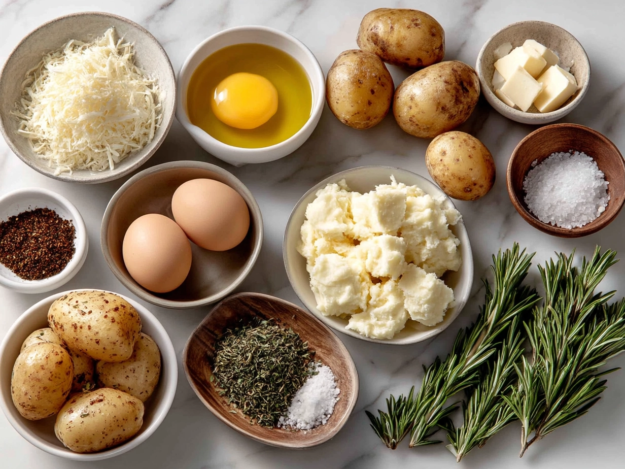 Top down view of raw ingredients for Steakhouse Potatoes Romanov including potatoes, sour cream, cheddar cheese, green onions, and bacon