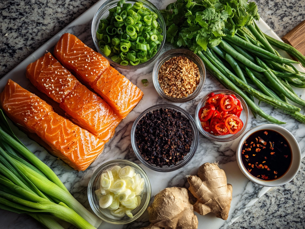 Top down view of raw ingredients for Sweet Chili Garlic Salmon including salmon fillets, honey, garlic, sweet chili sauce, soy sauce, ginger, and olive oil