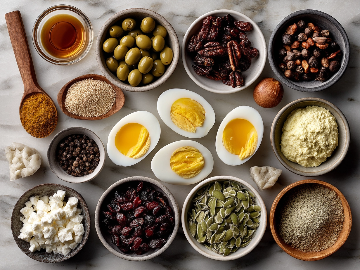 Top down view of raw ingredients for Thanksgiving Deviled Eggs on marble surface