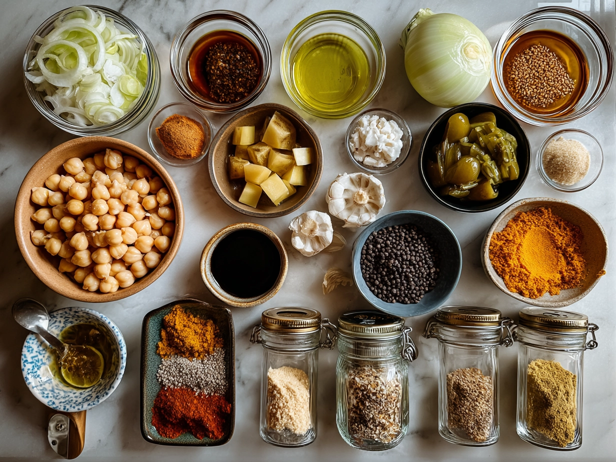 Top down view of raw ingredients for vegan white chickpea chili including beans, spices, and vegetables