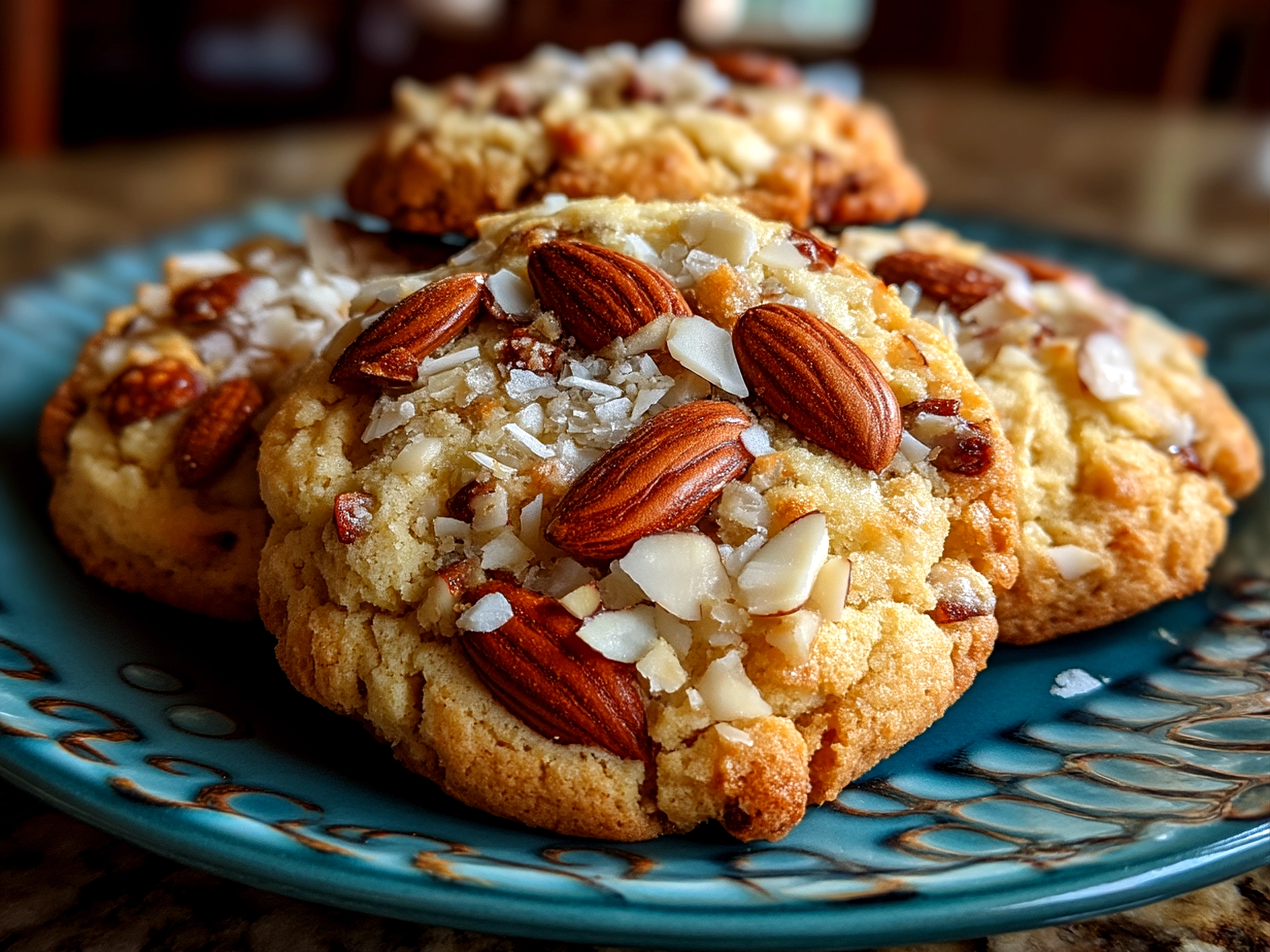 Freshly baked Triple Almond Cookies served on a plate