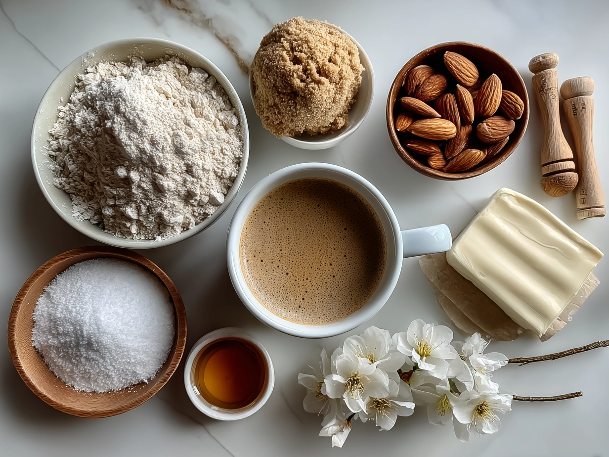 Ingredients for Triple Almond Cookies including almond flour, sugar, egg whites and sliced almonds