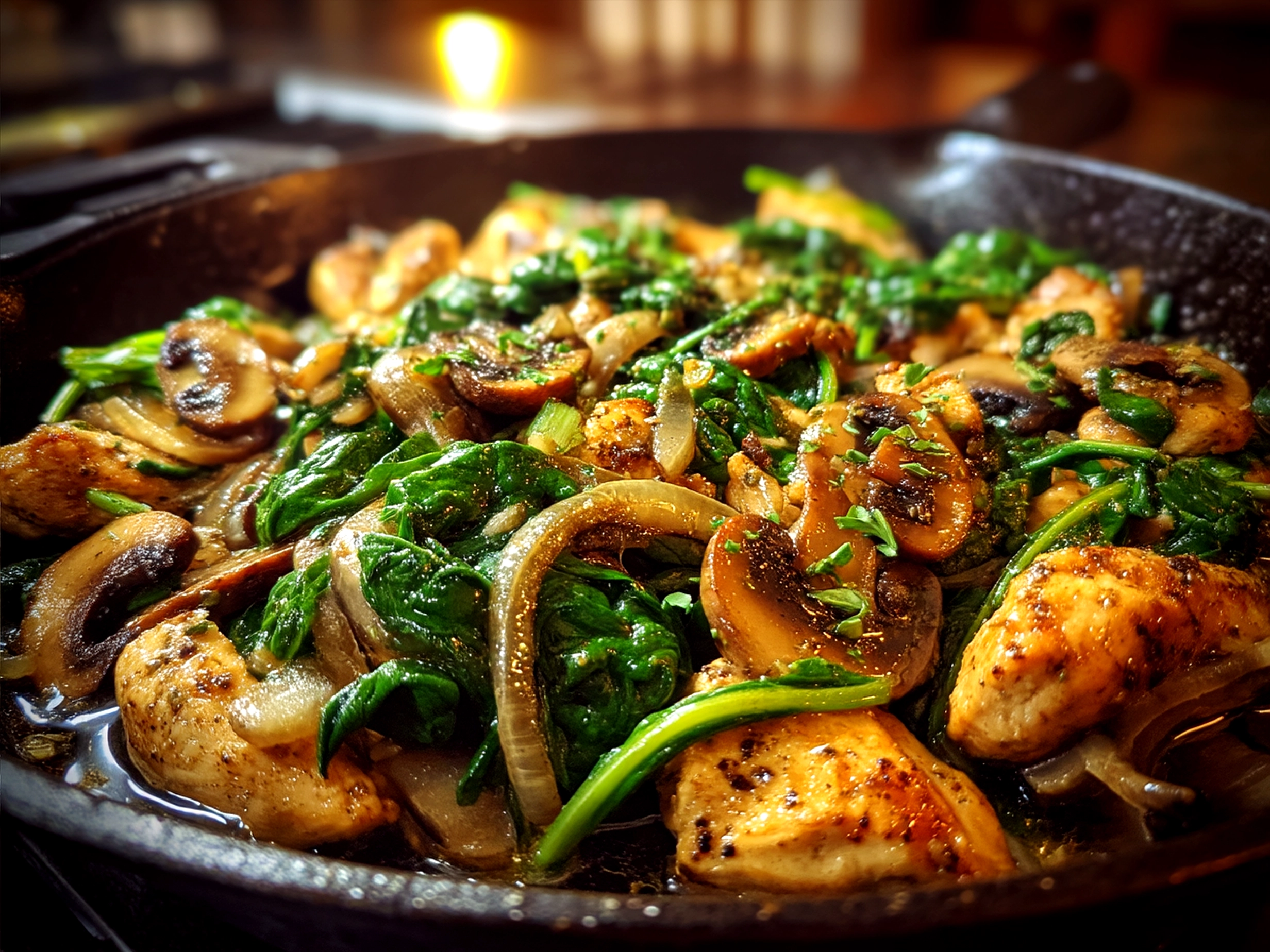 Serving of Turkey Spinach Mushroom Skillet in a colorful bowl, garnished with Parmesan cheese