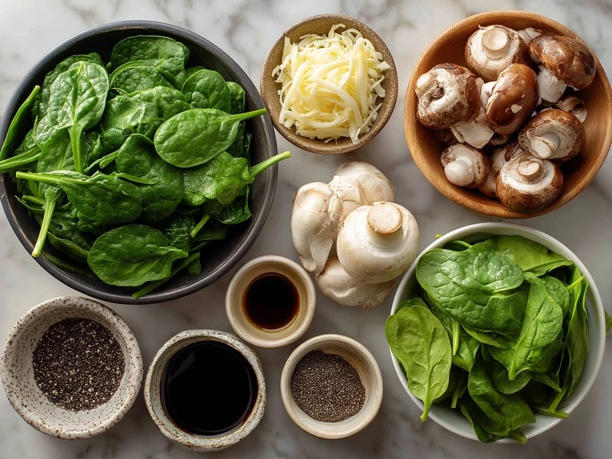 Ingredients for Turkey Spinach Mushroom Skillet including ground turkey, spinach, mushrooms, onions, garlic, and Parmesan cheese