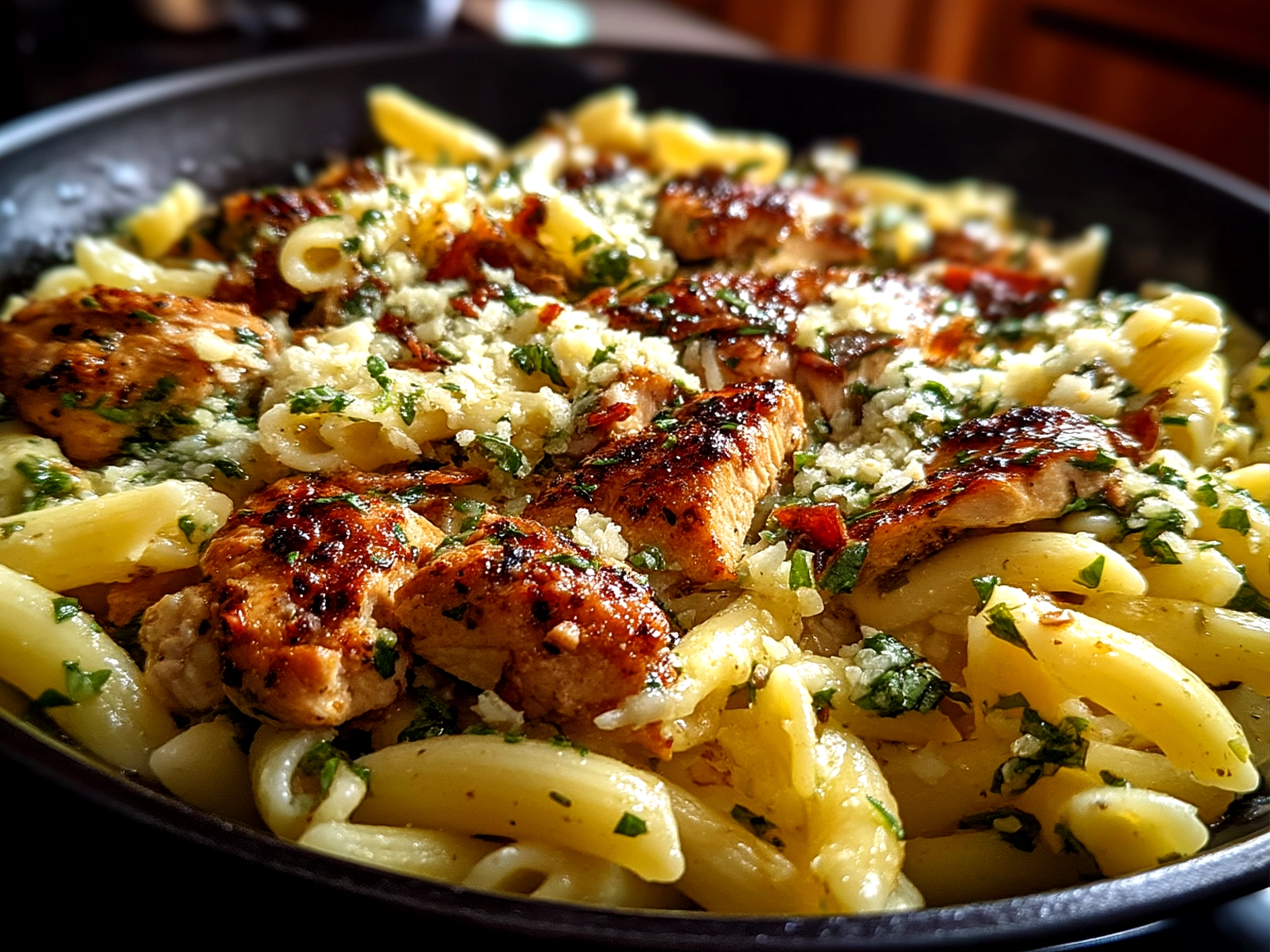 A bowl of creamy Tuscan chicken pasta garnished with parsley and parmesan cheese