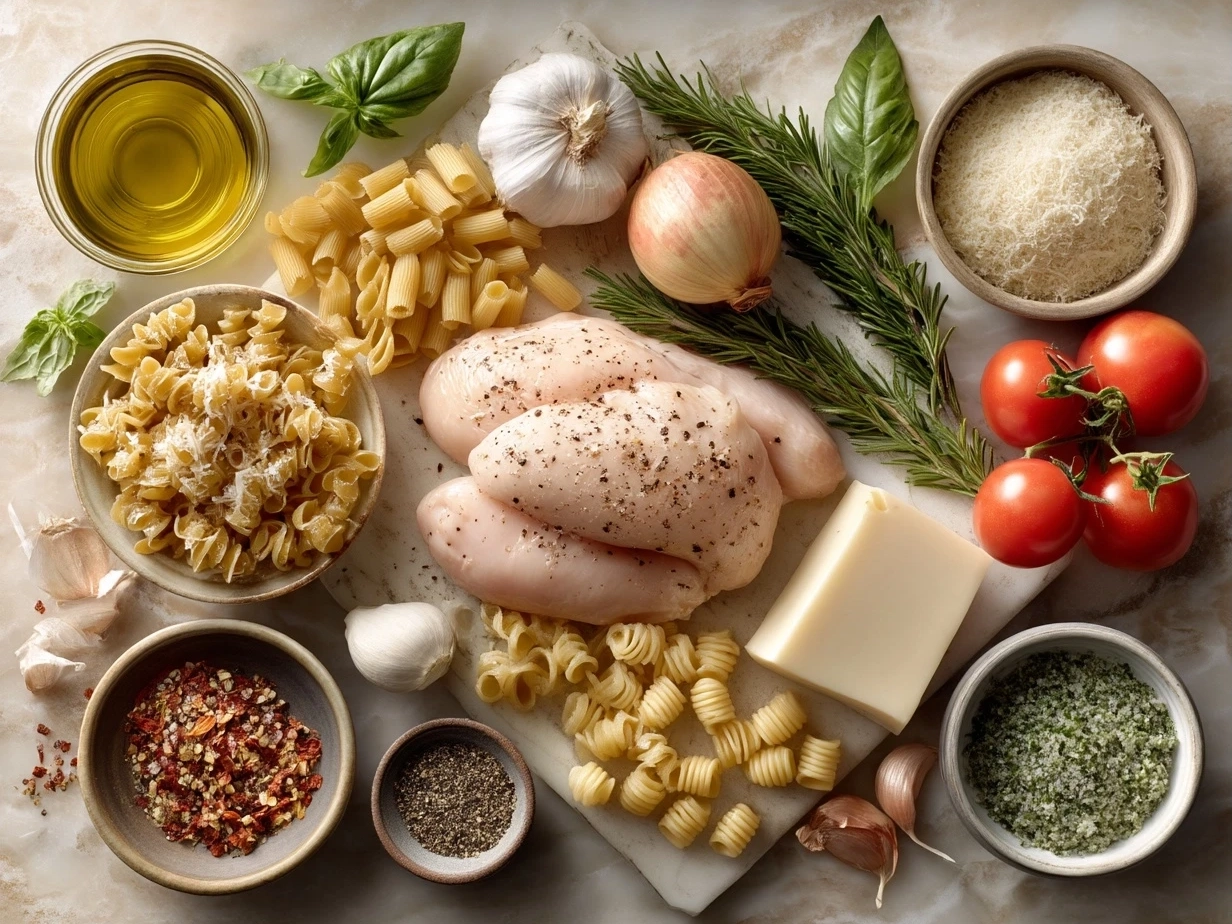 Ingredients for Tuscan chicken pasta arranged on a wooden surface