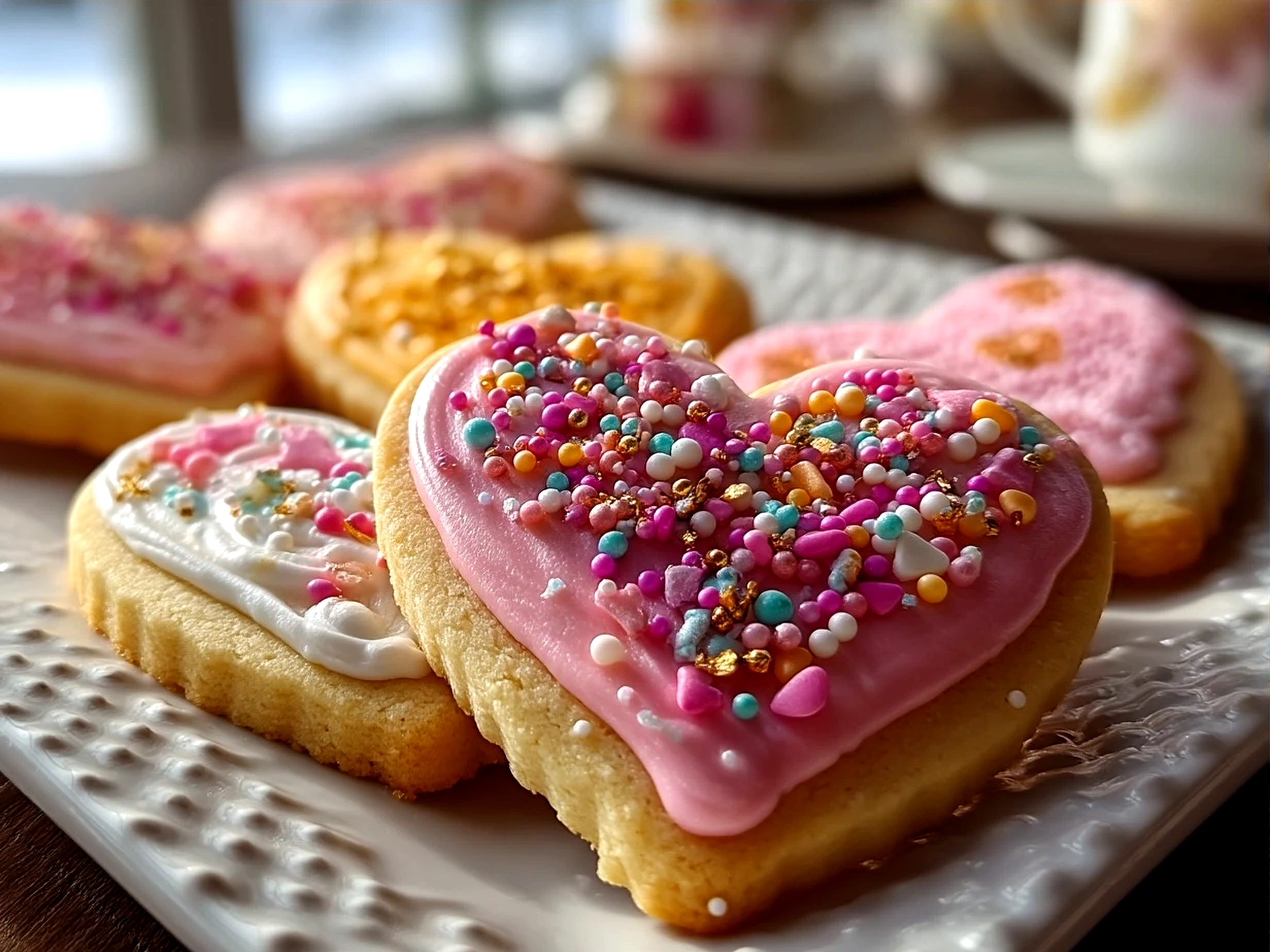 Finished decorated Valentines Day Sugar Cookies on a serving plate