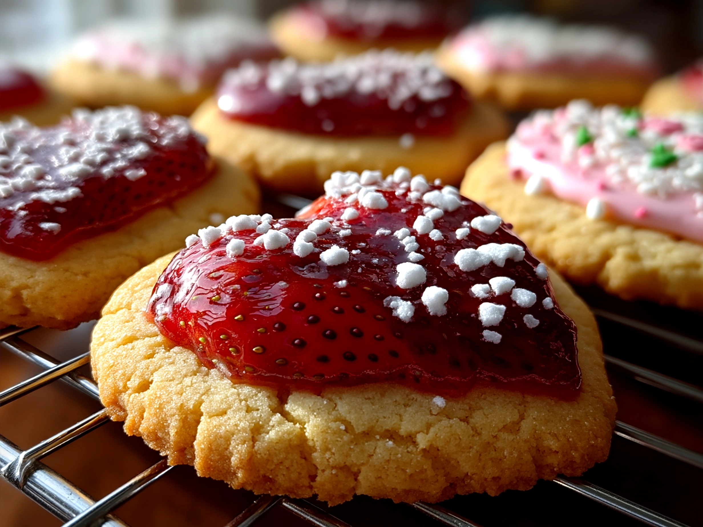 Freshly baked Valentine Strawberry Cookies on a plate ready to serve
