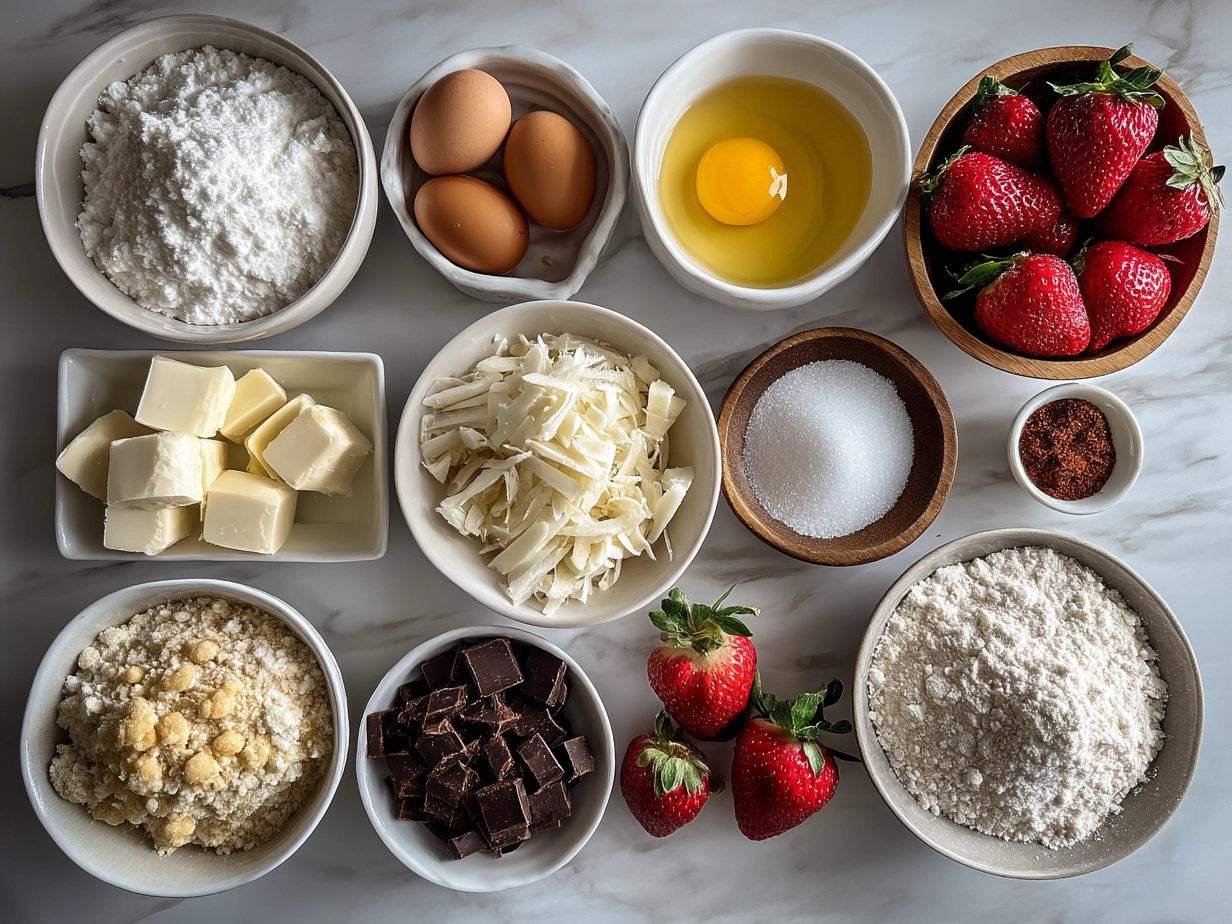 Ingredients for Valentine Strawberry Cookies including butter, sugar, egg, vanilla, flour, baking powder, salt, freeze-dried strawberries, and strawberry frosting