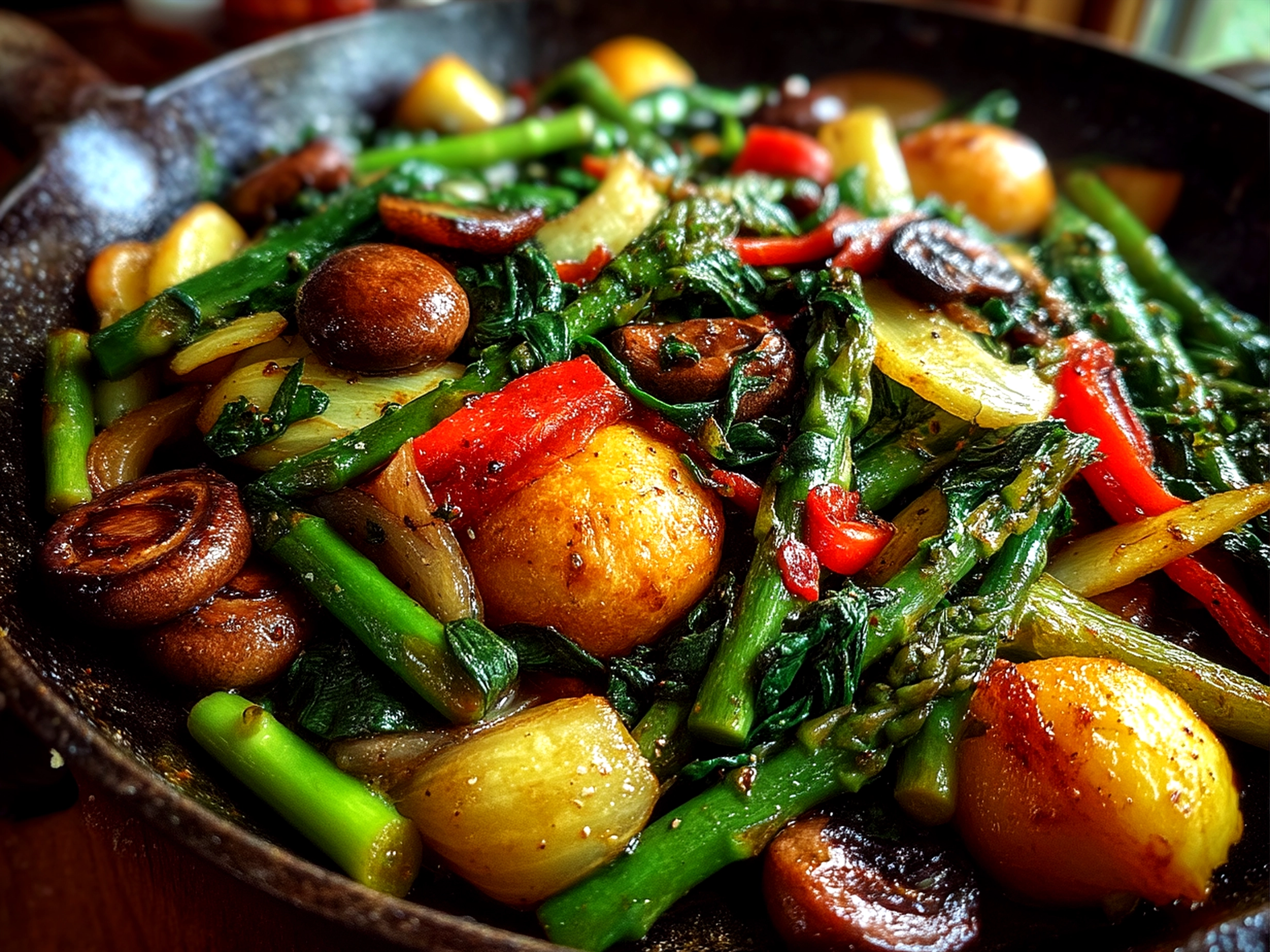 A bowl of colorful vegetable stir fry served over noodles