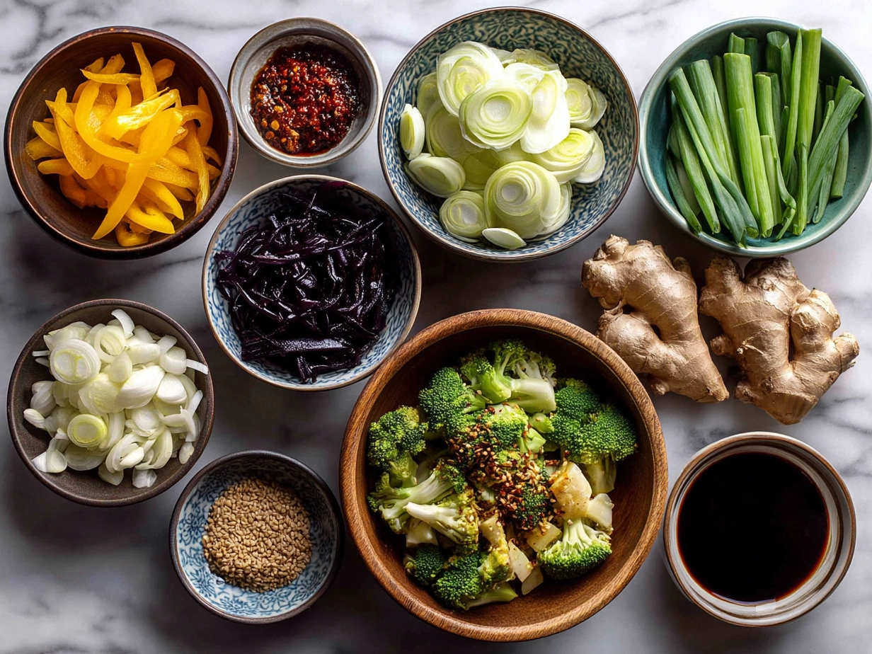 Ingredients for vegetable stir fry including carrots, bell peppers, broccoli, snap peas, and more