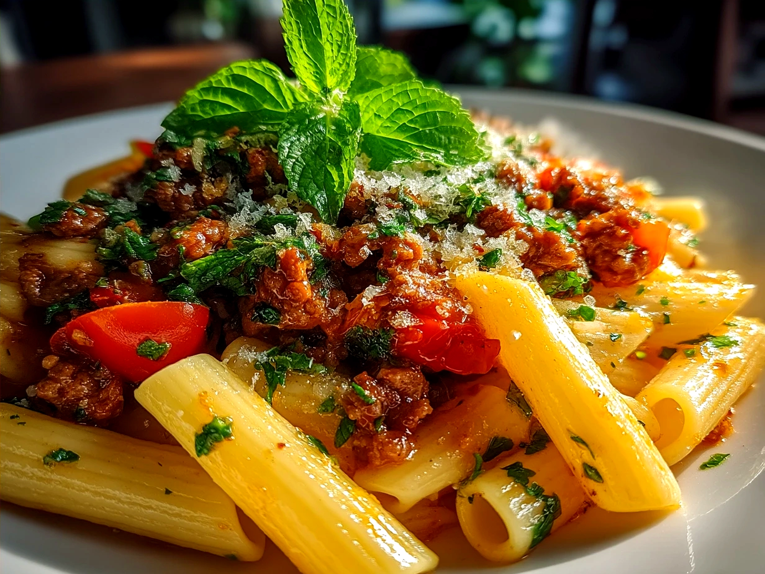 Serving White Bolognese Sauce with pasta, garnished with chopped herbs
