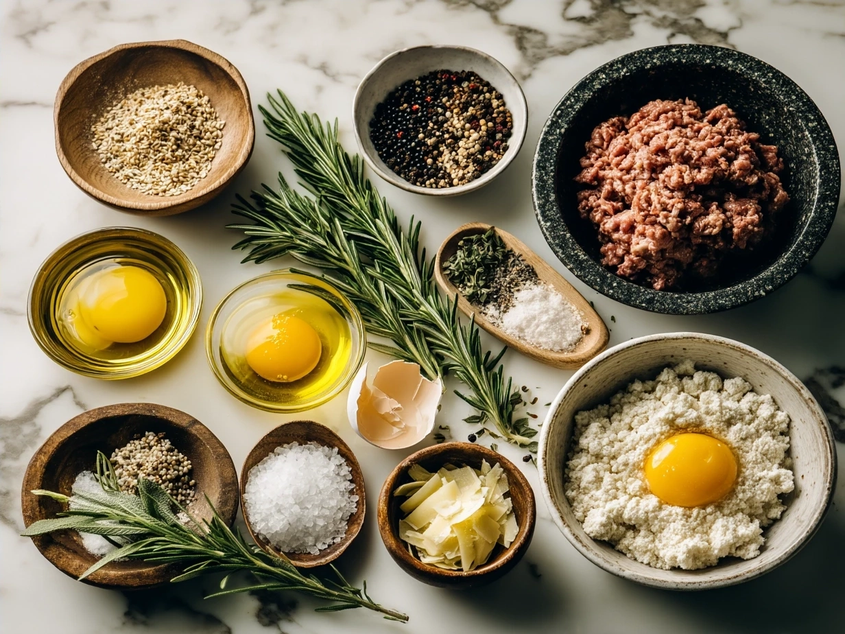 Ingredients for White Bolognese Sauce including ground veal, olive oil, onion, carrot, garlic, white wine, broth, milk or cream, butter, herbs